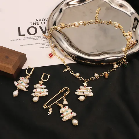 Natural Freshwater Pearl Christmas Tree Brooch For Women Light Luxury Alloy Rhinestone Reindeer Bell Pendant Necklace Earrings Bracelet Festive Jewelry