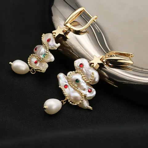 Baroque Handmade Freshwater Pearl Christmas Tree Drop Earrings 925 Sterling Silver Post Vintage Rhinestone Jewelry Set