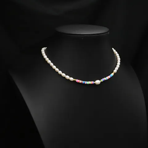 Bohemian Freshwater Pearl Necklace For Women Vintage Handmade Rainbow Polymer Clay Heishi Beads Choker Adjustable Collar Party Jewelry