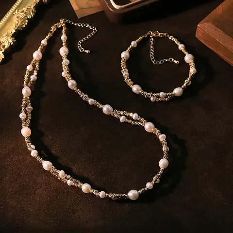Original Design Naturperle Vergoldete Kupferperle Halskette Und Armband Elegante Französische Nische Vintage Schmuck Kombination Für Damen
