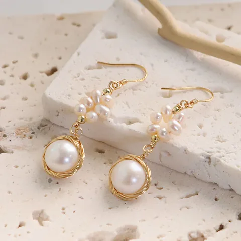 Handmade Wire Wrapped Gold Plated Natural Pearl Dangle Earrings For Women Vintage Simple Water Drop Pearl Jewelry Ear Hooks