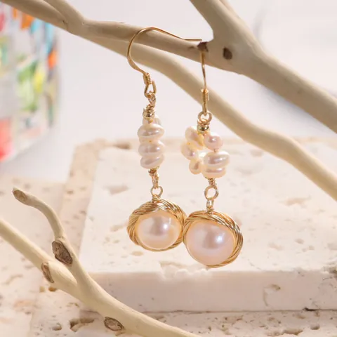 Handmade Wire Wrapped Gold Plated Natural Pearl Dangle Earrings For Women Vintage Simple Water Drop Pearl Jewelry Ear Hooks