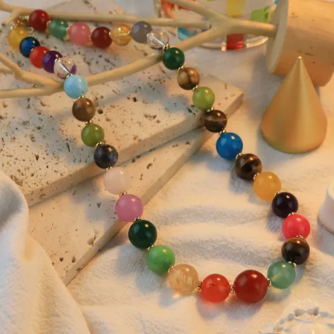 Handmade Natural Crystal Semi-Precious Stone Necklace Titanium Steel Multi-Gem Beaded Clavicle Chain Jewelry For Women