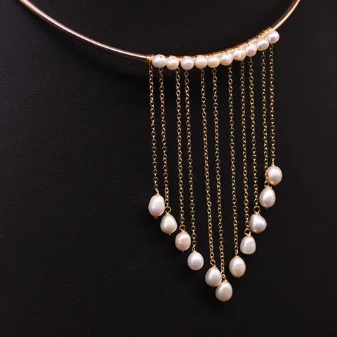 Handmade Vintage Freshwater Pearl Tassel Torque Necklace 18K Gold Plated Baroque Pearl Open Neck Ring Jewelry For Women