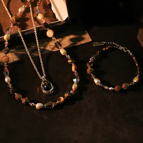 Conjunto de Joyas de Perlas Naturales Ojo de Tigre Retro Concha Collar Pulsera de Cuentas de Vidrio Para Mujer Accesorios de Estilo Bohemio Vintage