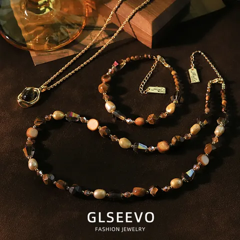 Conjunto de Joyas de Perlas Naturales Ojo de Tigre Retro Concha Collar Pulsera de Cuentas de Vidrio Para Mujer Accesorios de Estilo Bohemio Vintage