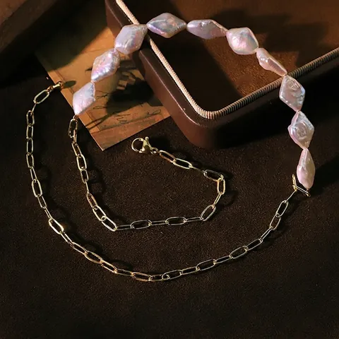 Collana di Perle Barocche da Donna in Rame Placcato Oro Diamante Geometrico Perla Artificiale Catena a Graffetta Gioielli Regalo