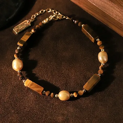Φυσικό Μαργαριτάρι Tiger Eye Stone Βραχιόλι για Γυναίκες Επιχρυσωμένος Χαλκός Χειροποίητο Ρετρό Πολυτελές Βραχιόλι Κοσμήματα