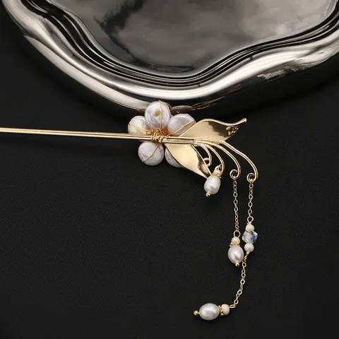 Handgefertigter Süßwasserperle Blume Schmetterling Haarstab Chinesischer Stil Quaste Haarnadel Braut Hanfu Schmuck Für Damen