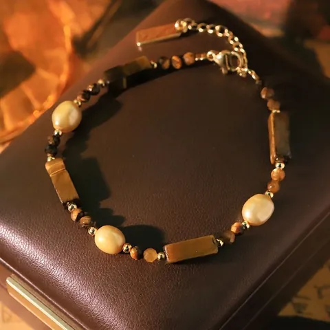 Φυσικό Μαργαριτάρι Tiger Eye Stone Βραχιόλι για Γυναίκες Επιχρυσωμένος Χαλκός Χειροποίητο Ρετρό Πολυτελές Βραχιόλι Κοσμήματα