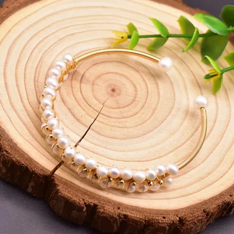 Hand-Wrapped Natural Freshwater Pearl Bangle For Women Gold-Plated Copper Elastic Open Bracelet Niche Design Handmade Jewelry Gift