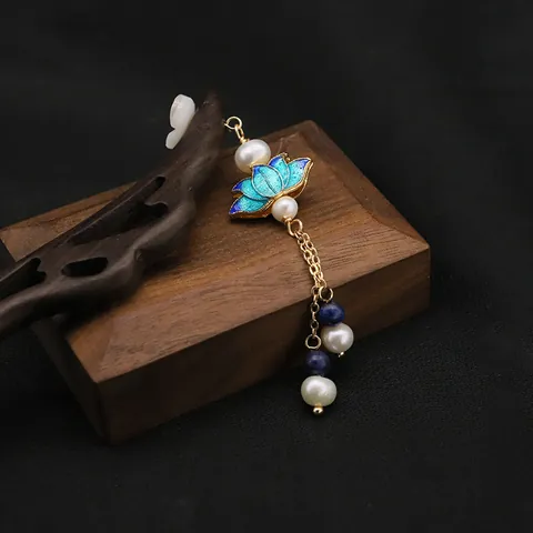 Vintage Wooden Hairpin Chinese Cloisonne Lotus Freshwater Pearl Tassel Step-Shake Handmade Hair Stick For Women Jewelry