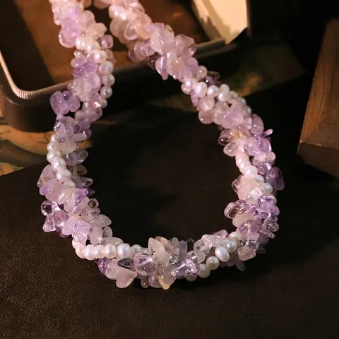 Original Triple Layer Natural Freshwater Pearl Purple Crystal Chips Choker Necklace For Women Elegant Light Luxury Clavicle Chain
