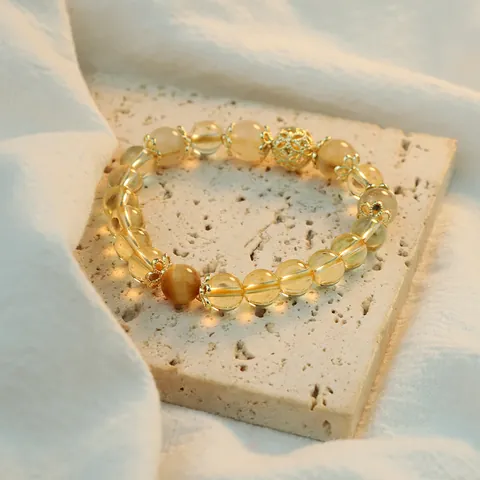 Exquisite Yellow Citrine Tiger Eye Stone Beaded Bracelet For Women New Chinese Style Gold Hollow Charm Elastic Hand Jewelry