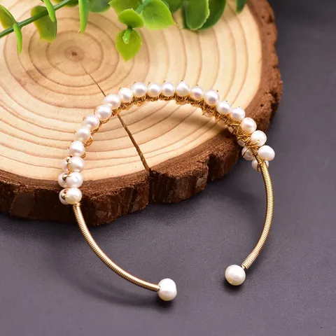 Hand-Wrapped Natural Freshwater Pearl Bangle For Women Gold-Plated Copper Elastic Open Bracelet Niche Design Handmade Jewelry Gift