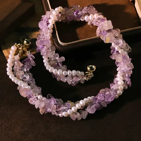 Original Triple Layer Natural Freshwater Pearl Purple Crystal Chips Choker Necklace For Women Elegant Light Luxury Clavicle Chain
