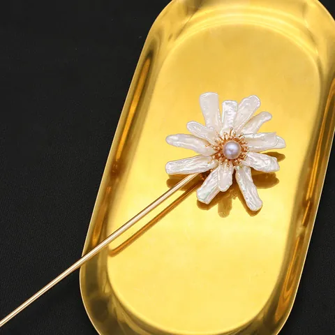 Baroque Freshwater Pearl Sunflower Hair Stick 18K Gold Plated Copper Hairpin For Women Hanfu Cheongsam Hair Accessories