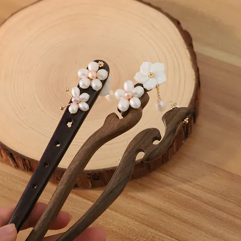 Natural Pearl Sandalwood Hair Stick Shell Flower Tassel Hairpin Retro New Chinese Style Hanfu Hair Accessories For Women