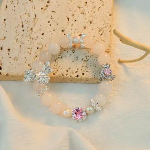 Original Pink Artificial Crystal Beaded Bracelet With Natural Pearls Alloy Bowknot Crown Heart Charm Elastic Bracelet For Women
