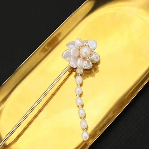Vintage Baroque Freshwater Pearl Hair Stick 18K Gold Plated Copper Flower Tassel Hair Accessory For Women Hanfu Cheongsam