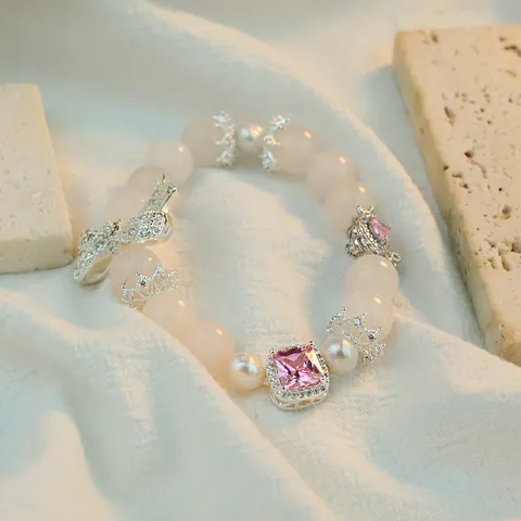 Original Pink Artificial Crystal Beaded Bracelet With Natural Pearls Alloy Bowknot Crown Heart Charm Elastic Bracelet For Women