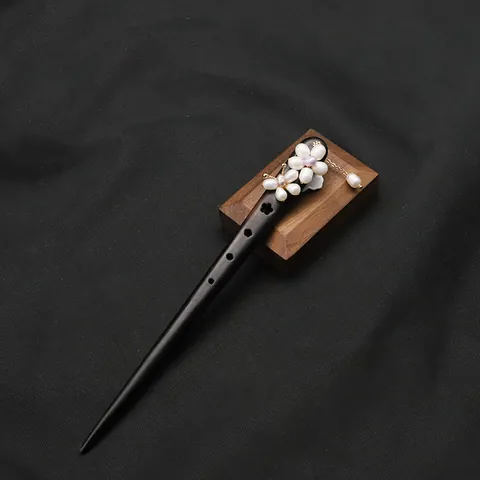 Handmade Ebony Wood Hairpin with Natural Freshwater Pearl Butterfly Floral Tassel Chinese Style Retro Hair Stick for Women