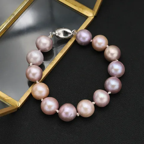 Natural Freshwater Edison Pearl Bracelet for Women 925 Sterling Silver Clasp Vintage Round Bead Hand-Strung Bracelet Jewelry