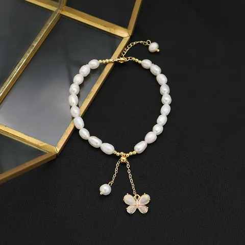 Freshwater Pearl Butterfly Bracelet Necklace Set For Women Gold Plated Alloy Zirconia Beaded Hand Chain Jewelry Pendant Accessory