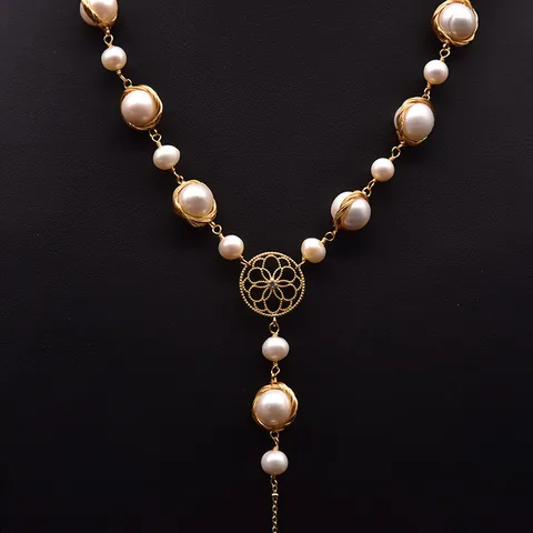 Design Originale Collana Lunga a Forma di Y con Perle d'Acqua Dolce Naturali per Donna Retrò Europeo Gioielli in Lega di Rame Tessuti a Mano