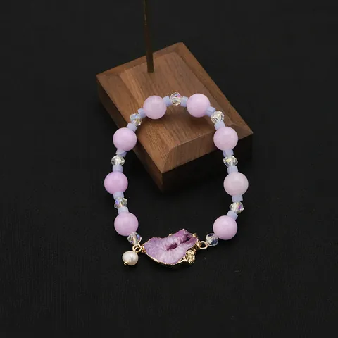 Original Natural Freshwater Pearl Druzy Bracelet For Women Irregular Blue Purple Geode Agate Beaded Elastic Stretch Bracelet Handmade Jewelry Gift