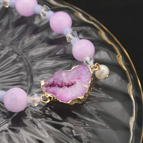 Original Natural Freshwater Pearl Druzy Bracelet For Women Irregular Blue Purple Geode Agate Beaded Elastic Stretch Bracelet Handmade Jewelry Gift