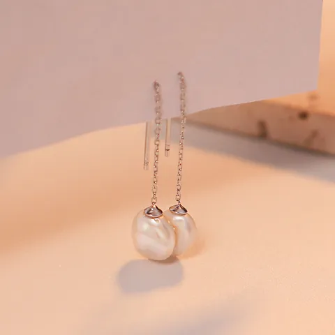 Orecchini a Filo in Argento Sterling S925 Semplice Francese Perle d'Acqua Dolce Orecchini Pendenti Lunghi per Donna Gioielli