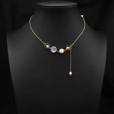 Natural Freshwater Pearl Necklace Asymmetric Crystal Jade Shell Pendant Gold Plated Copper Beaded Necklace For Women