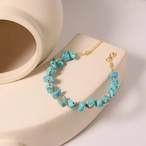 Handmade Turquoise Wire Wrap Bracelet For Women 18K Gold Plated Natural Raw Stone Irregular Beaded Bracelet Niche Jewelry