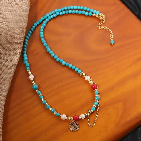 Ethnic Style Natural Freshwater Pearl Turquoise Jewelry Set Chinese Fortune Fu Plaque Necklace Bracelet For Women Retro Accessory