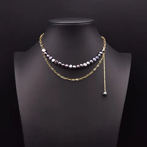 Natural Freshwater Pearl Double Layer Necklace 18K Gold Plated Copper Heart Link Long Sweater Chain For Women Jewelry