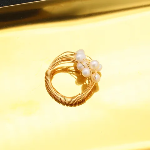 Anello di Perle d'Acqua Dolce Naturali per Donna Placcato Oro 18K in Argento Sterling 925 Anello Avvolto a Mano Regalo Gioielli
