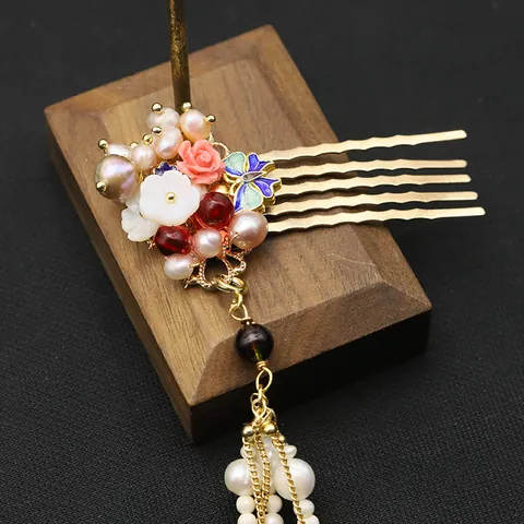 Vintage Chinese Style Cloisonne Butterfly Hair Comb Natural Freshwater Pearl Tassel Hairpin Bridal Jewelry For Women