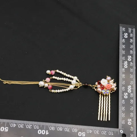 Vintage Chinese Style Cloisonne Butterfly Hair Comb Natural Freshwater Pearl Tassel Hairpin Bridal Jewelry For Women