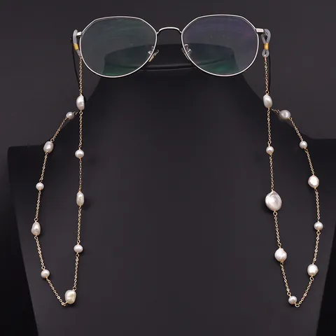 Natural Baroque Freshwater Pearl Eyeglass Chain 18K Gold Plated Metal Beaded Glasses Strap Anti-Lost Neck Cord For Women