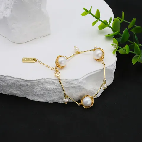 Handmade 18K Gold Filled Wire Wrapped Natural Freshwater Pearl Bracelet For Women Retro Niche Design Handmade Jewelry Gift