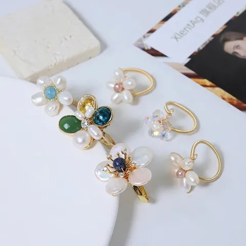 Handmade Wire Wrapped Freshwater Pearl Flower Ring Aquamarine Crystal Adjustable Open Ring Jewelry For Women Elegant Gift