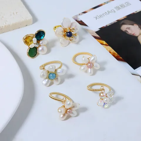 Handmade Wire Wrapped Freshwater Pearl Flower Ring Aquamarine Crystal Adjustable Open Ring Jewelry For Women Elegant Gift