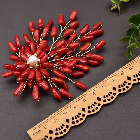 Vintage Ethnic Handmade Branch Brooch Natural Pearl Red Sea Bamboo Gold Plated Copper Floral Corsage For Women Wedding Party Jewelry