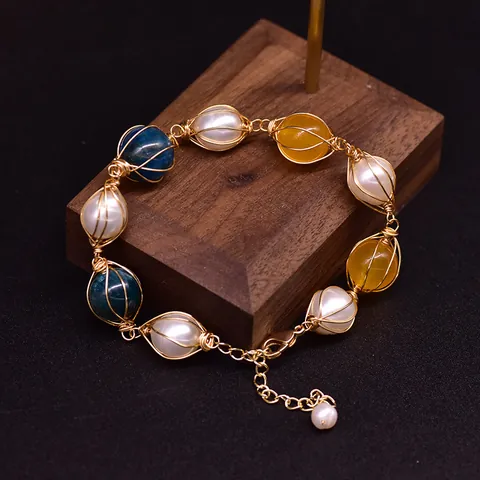 Handgefertigtes Süßwasserperlen Armband Kyanit Citrin Drahtgewickelt Barockperlen Schmuck Für Damen Vintage Handkette Armband