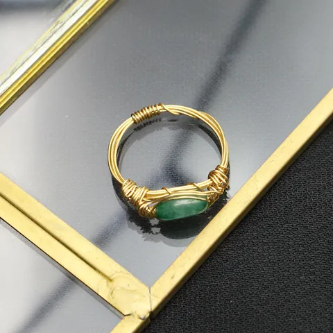 Vintage Handmade Wire Wrapped Jade Ring For Women Gold Plated Woven Green Stone Minimalist Niche Jewelry High End Finger Ring