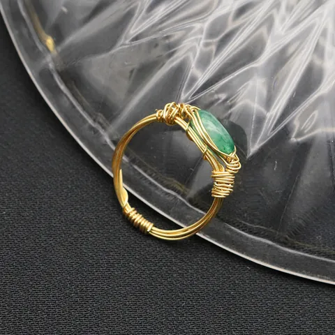 Vintage Handmade Wire Wrapped Jade Ring For Women Gold Plated Woven Green Stone Minimalist Niche Jewelry High End Finger Ring