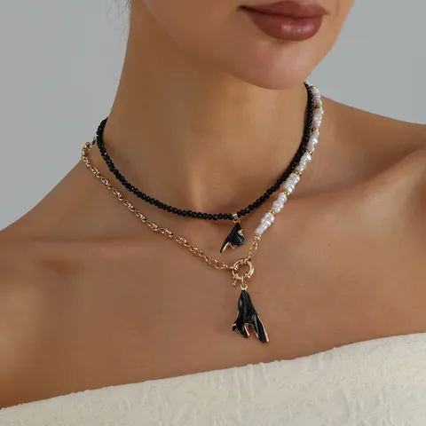 Collier Double Rangée en Alliage Vintage Contraste Noir Blanc Perles en Plastique Perle Artificielle Pendentif Boucle OT