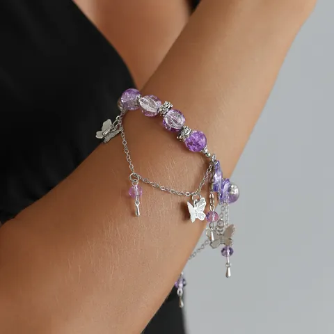 Bohemian Lila Schmetterling Planet Quaste Armband Für Damen Legierung Glasperlen Mehrlagige Kette Charm Armband Schmuck