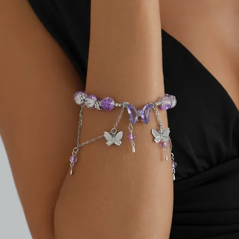 Bohemian Lila Schmetterling Planet Quaste Armband Für Damen Legierung Glasperlen Mehrlagige Kette Charm Armband Schmuck